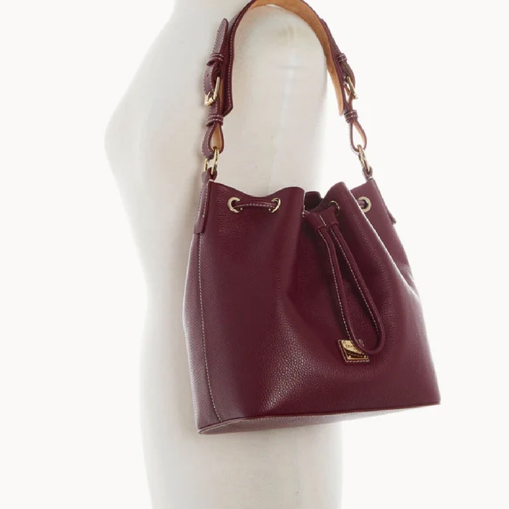 Dooney & Bourke Burgundy Drawstring Shoulder Bag with Tan Strap